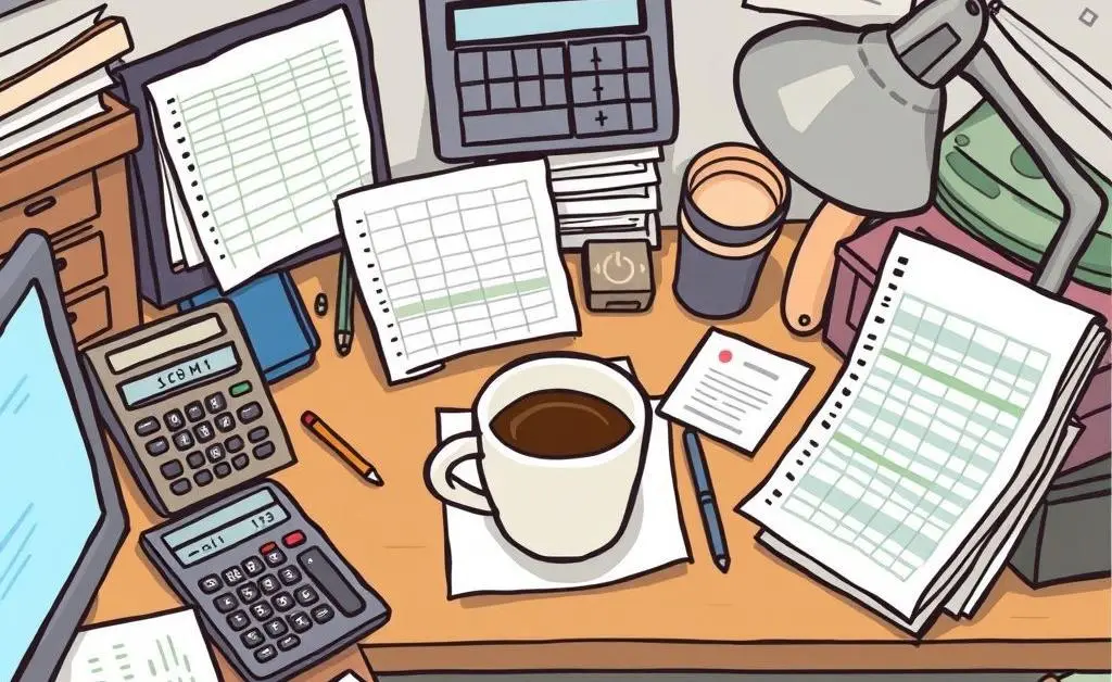 Cartoon of a desk cluttered with budgeting tools like spreadsheets, calculators, and a cozy cup of coffee.