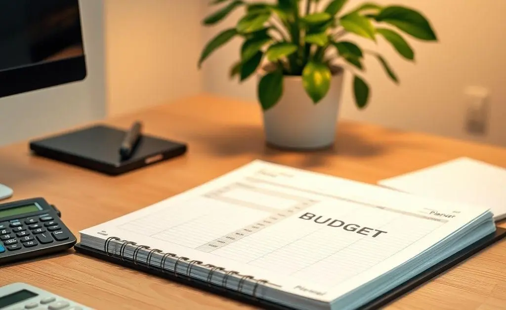 A tidy desk with a budget planner, pens, and a plant.