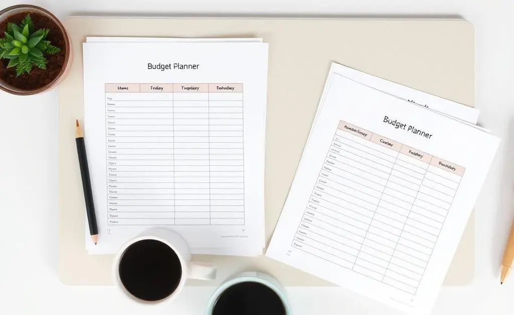 A minimalist desk with budget planner sheets, a coffee mug, and a serene setting.