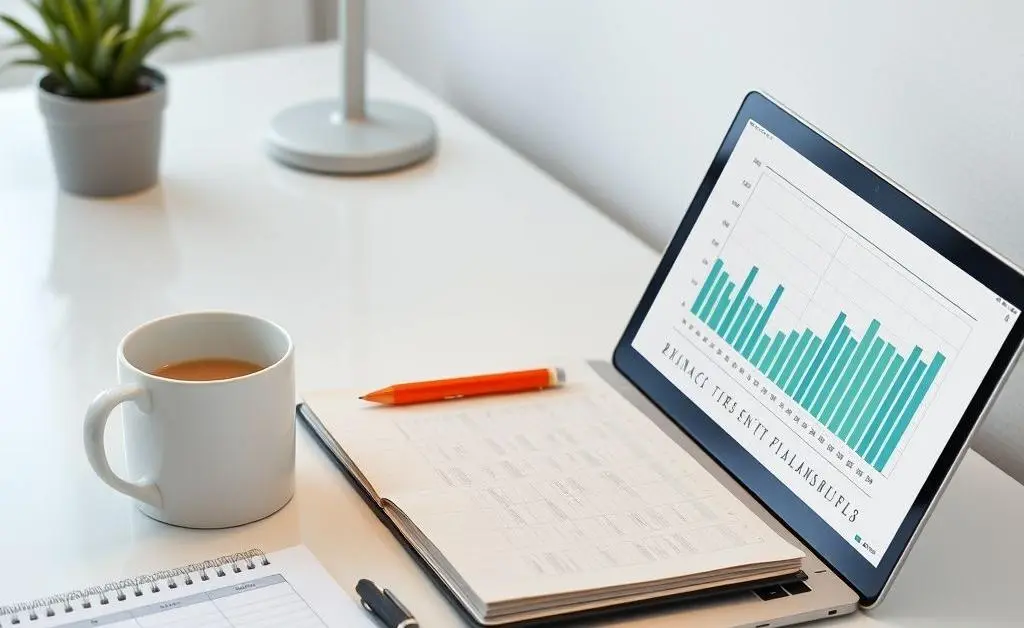 A neat desk with a budget planner, coffee mug, and a laptop displaying financial graphs.