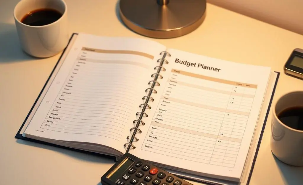 A tidy desk with a budget planner, calculator, and coffee cup.