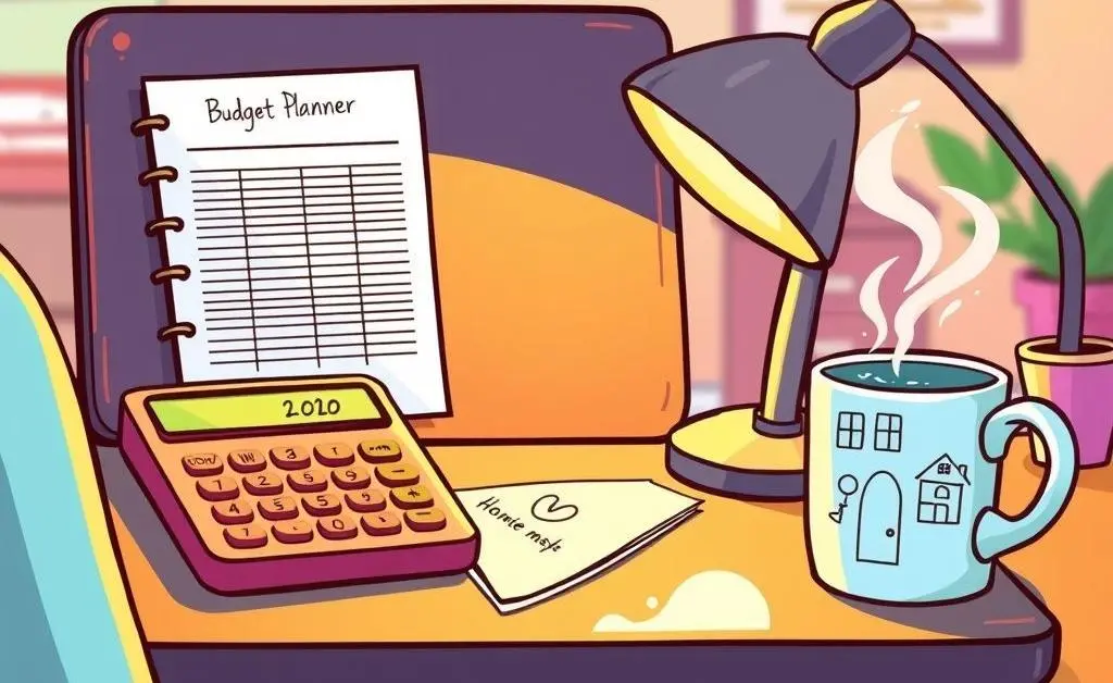 A cartoon-style desk with a budget planner, calculator, coffee mug, and house drawing.