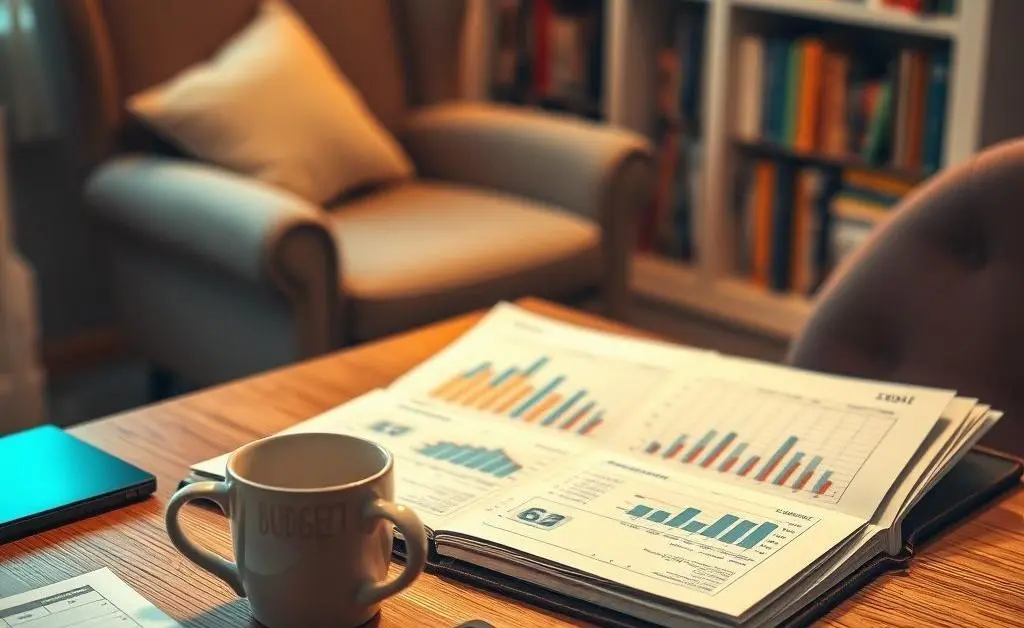 A desk with a budget planner, coffee cup, and calculator creating a cozy workspace.