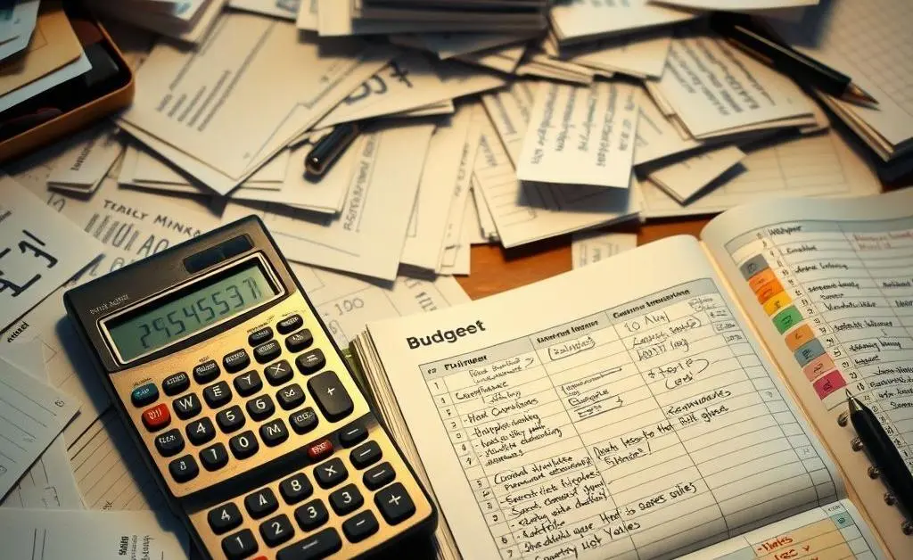 Budget planner and calculator on a desk.