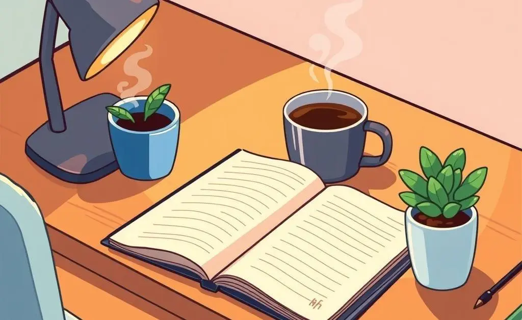 A cartoon-style image of a desk with a budget planner, coffee, and small plant.