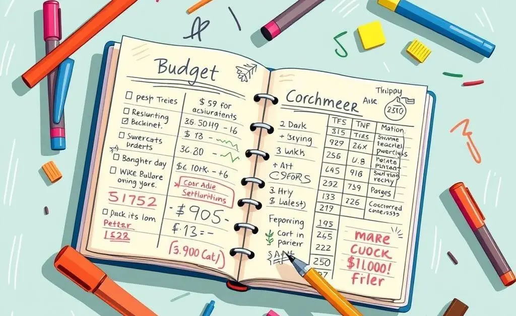 A cartoon-style budget planner with handwritten notes and pens scattered around it.