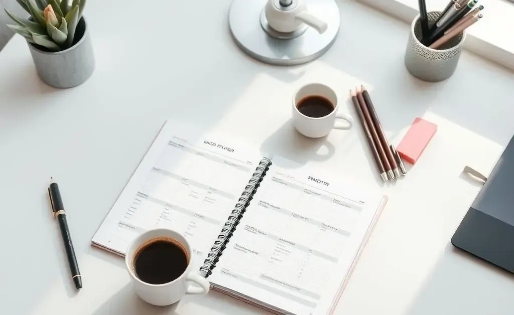 A budget planner on a desk with coffee and stationery neatly organized.