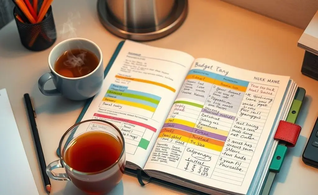 A desk with a budget planner, tea, and pencils.