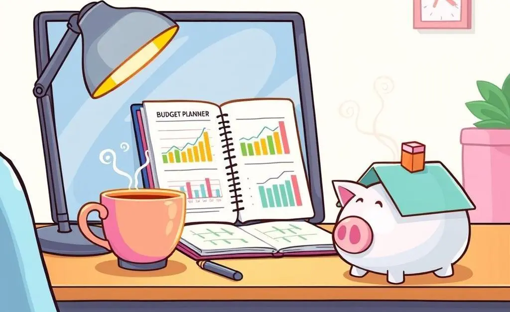 Desk with budget planner, coffee cup, and house-shaped piggy bank