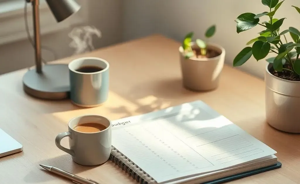 A neat desk with a budget planner, coffee mug, and plant, evoking a sense of calm and preparation.