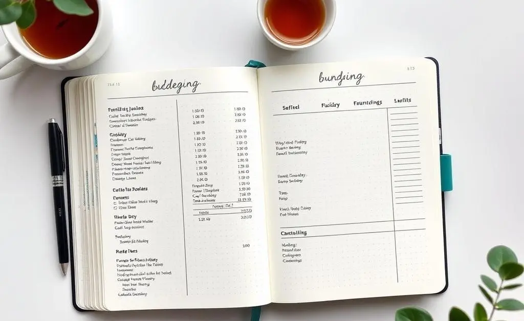 A detailed bullet journal open to a budgeting section surrounded by a cup of tea and a plant.