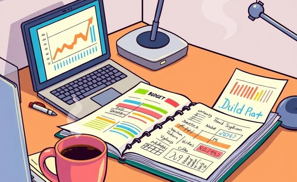 A desk with a detailed budget planner, open laptop, and coffee cup