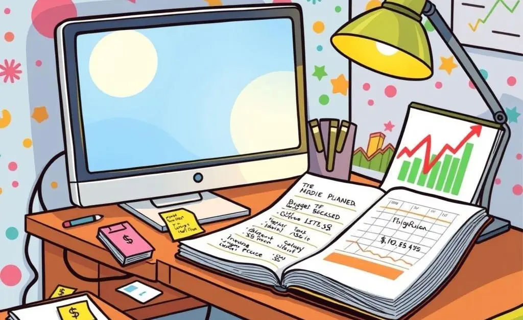 Desk with a computer, a budget planner, and financial charts