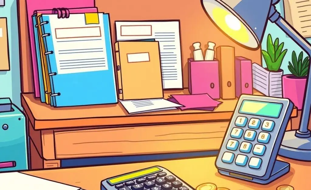 A cartoon-style desk with colorful budget planners