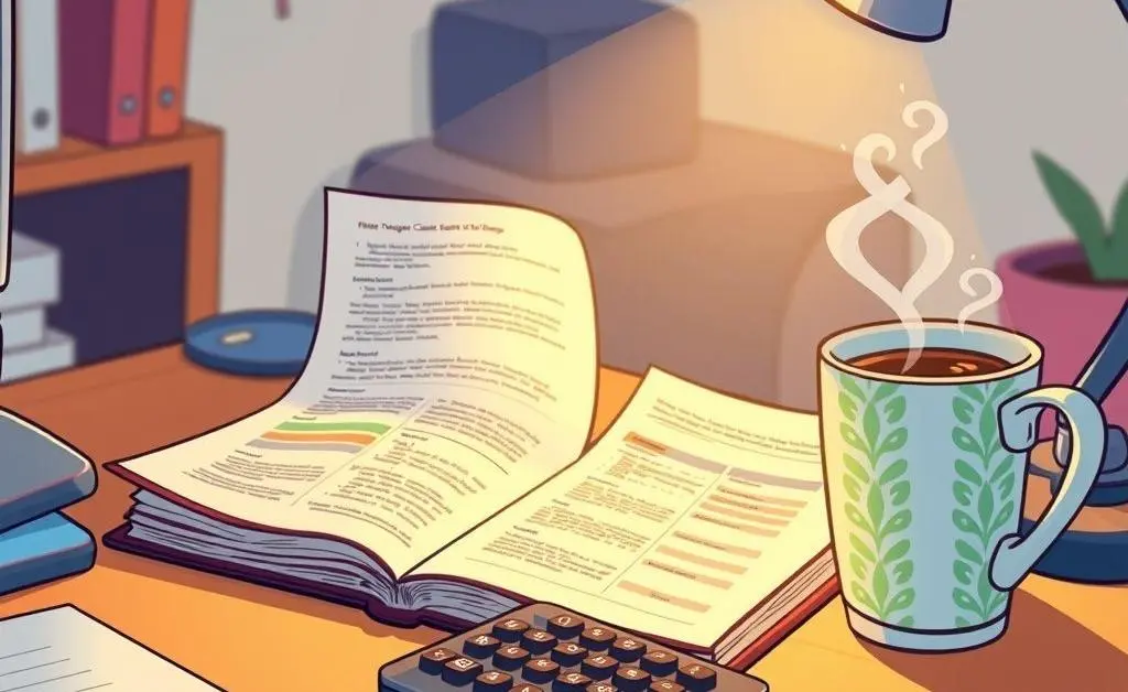 A desk with budget planner and coffee cup
