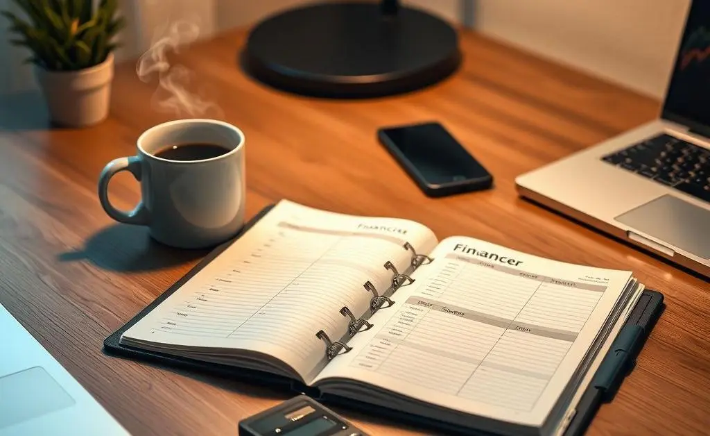 A desk with a budget planner open next to a coffee mug, calculator, and laptop.