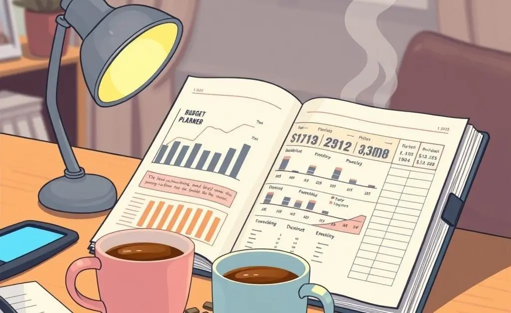 Desk with budget planner, calculator, and coffee mug.