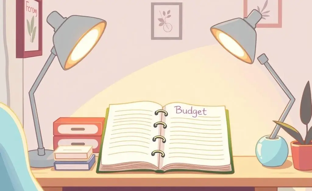 A desk with a budget planner promoting low-stress planning