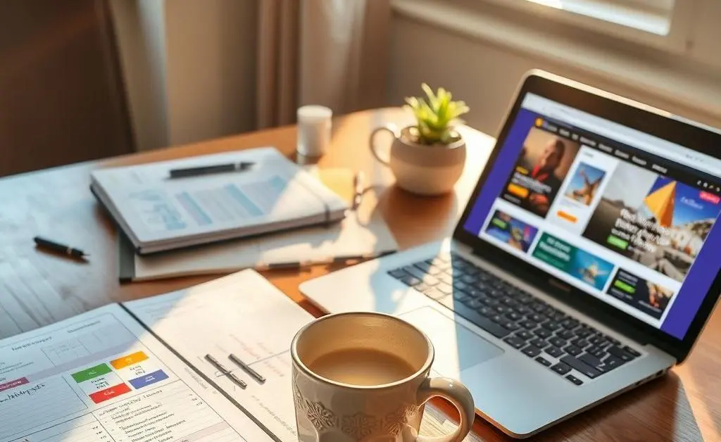 Desk with budget planner and travel deals on laptop