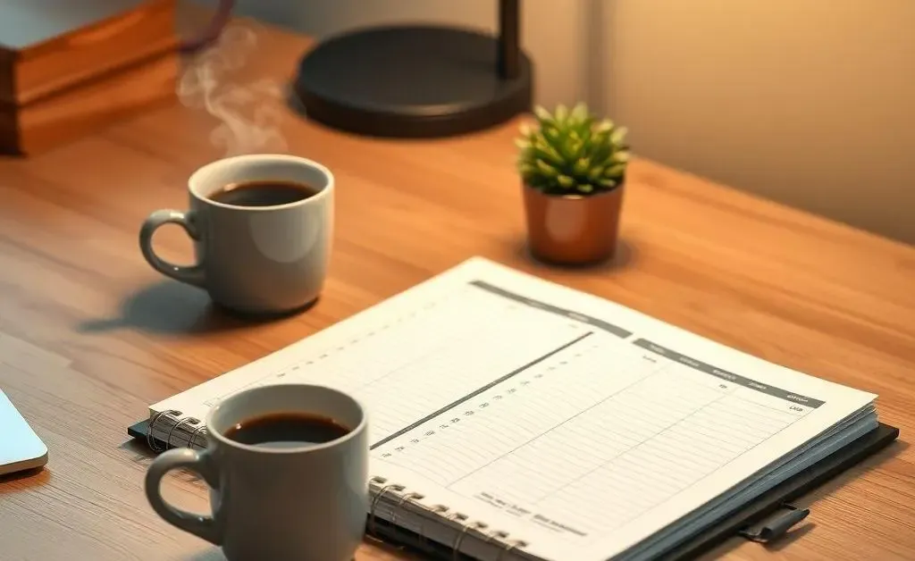 A neat desk with a budget planner and coffee