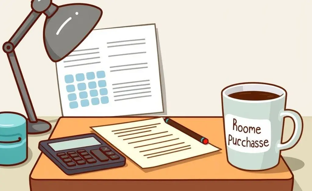 Cartoon-style budget planner's desk
