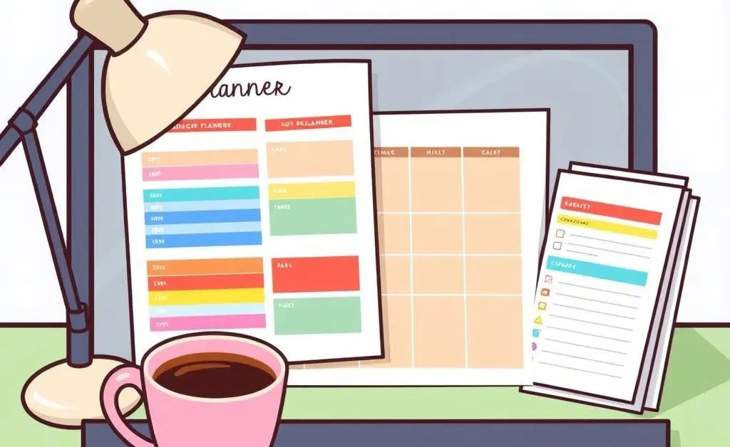 A cartoon-style desk with a colorful budget planner and a cup of coffee.