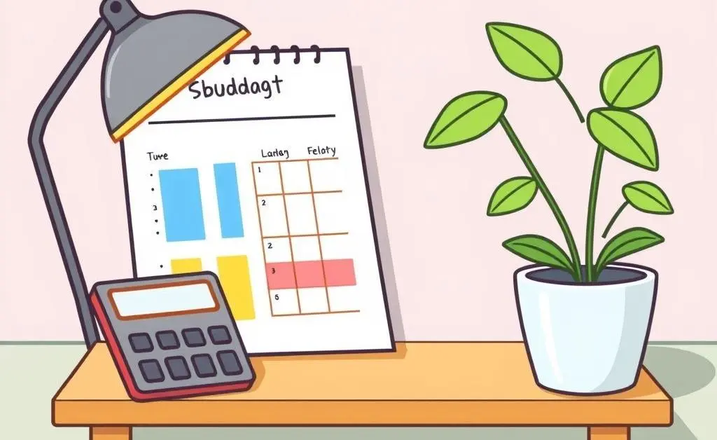 A cartoon-style budget planner on a desk, illustrating mindfulness towards finances