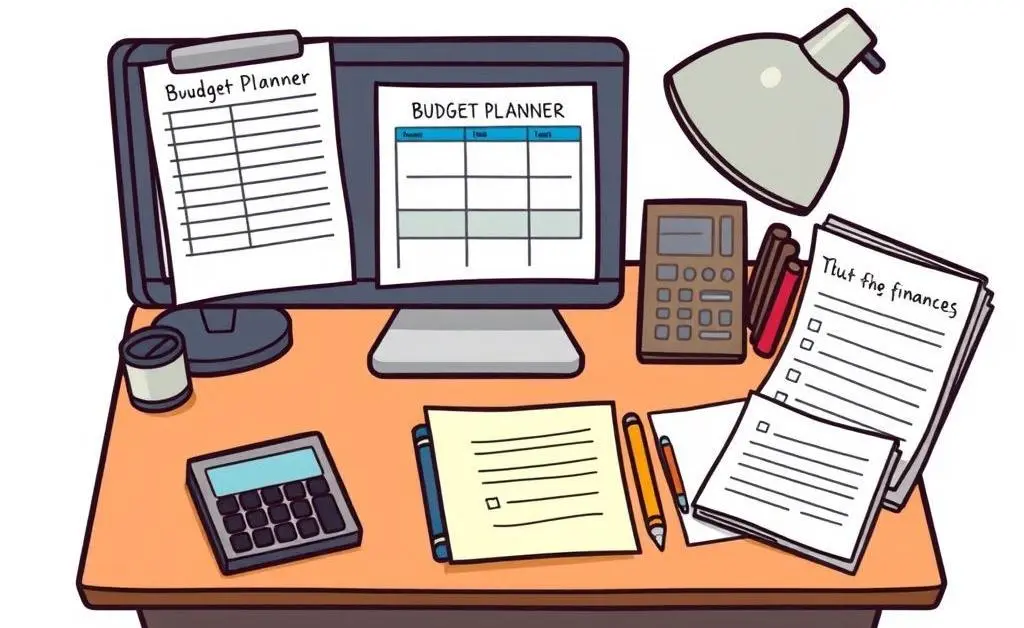 Desk with budget planner, calculator, and notes