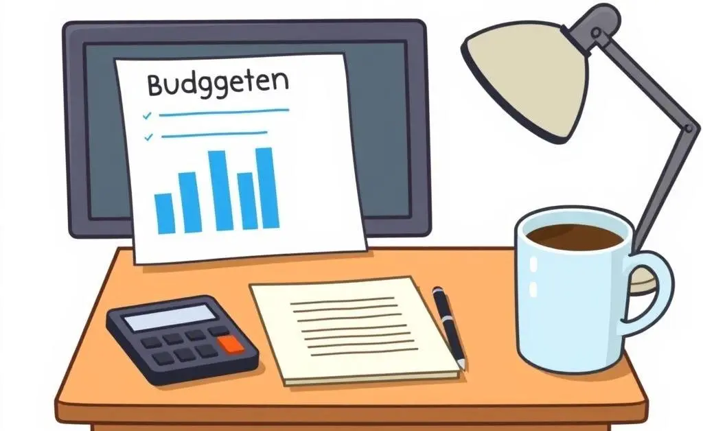 A desk with a budget planner, calculator, and coffee cup