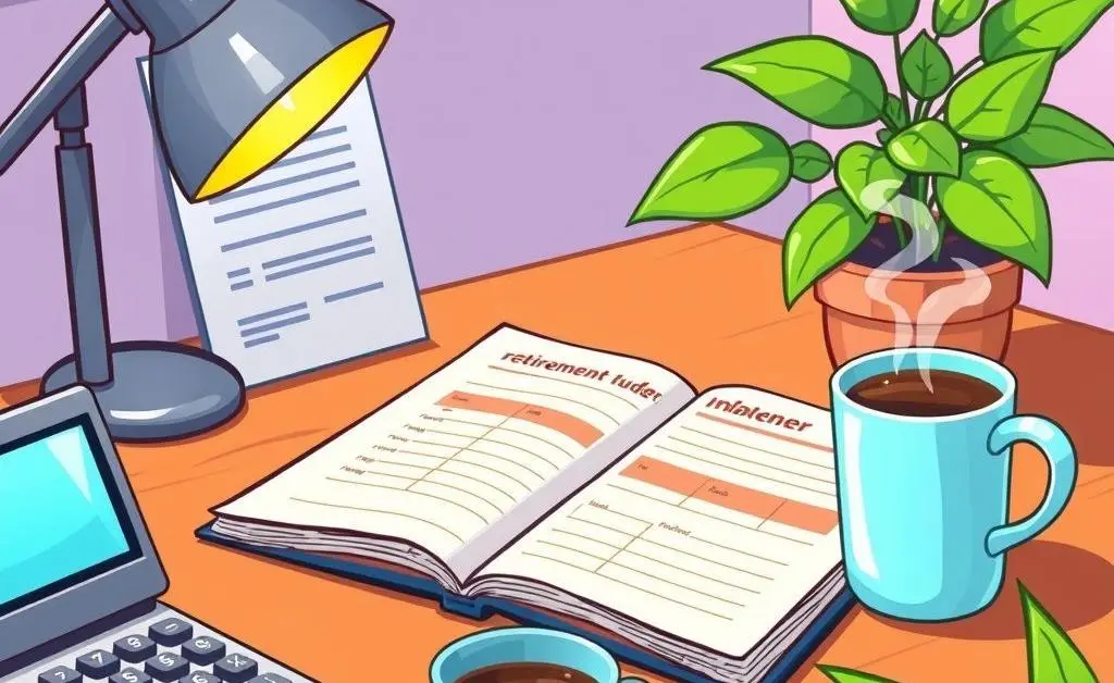 Desk with retirement budget planner and calculator