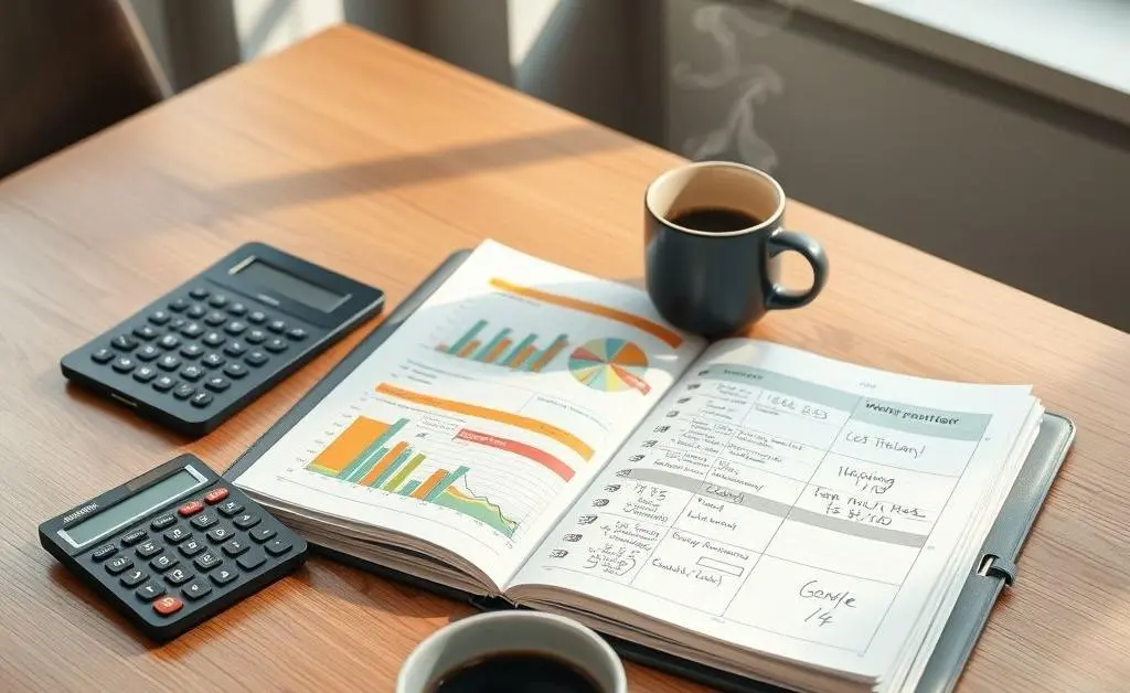 A desk with a budget planner, calculator, and a cup of coffee.