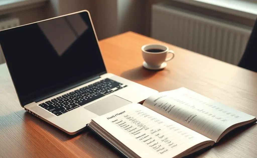 A desk with a laptop and notepad showing a monthly budget planner.