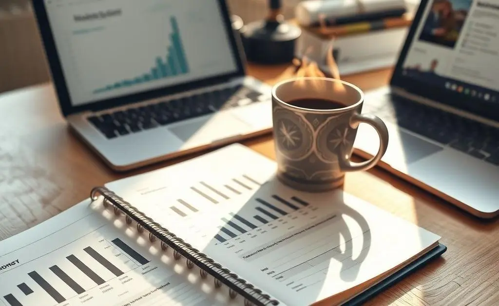 A desk with a budget planner, coffee mug, and a laptop, representing financial planning for home buying.