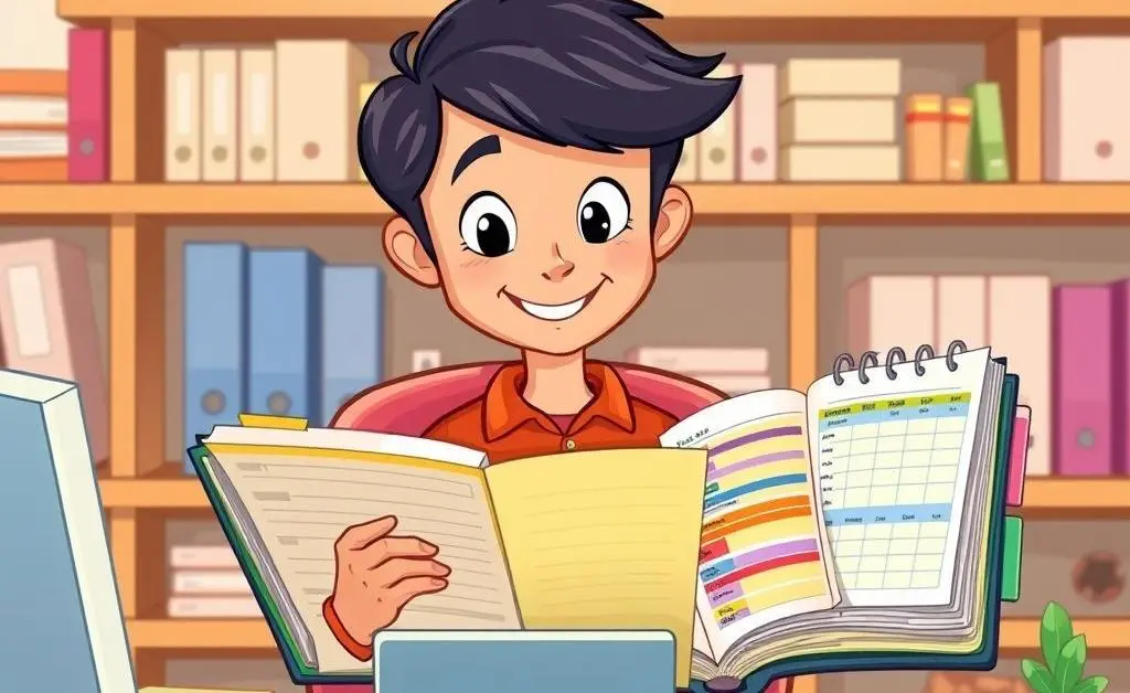 A cartoon of a person at a desk with a colorful, organized budget planner.