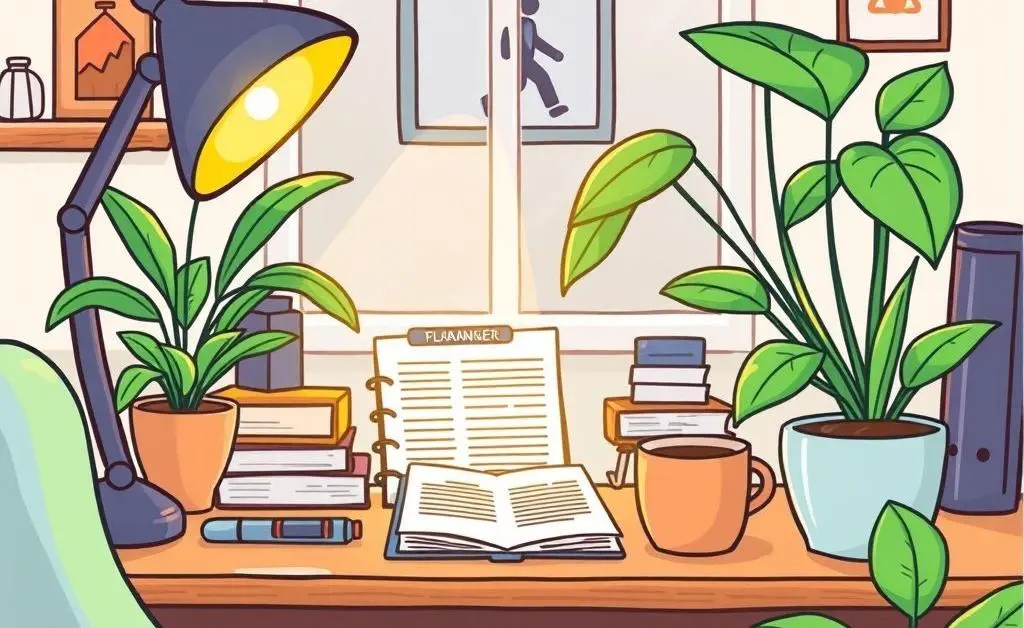 A desk with a budget planner and coffee