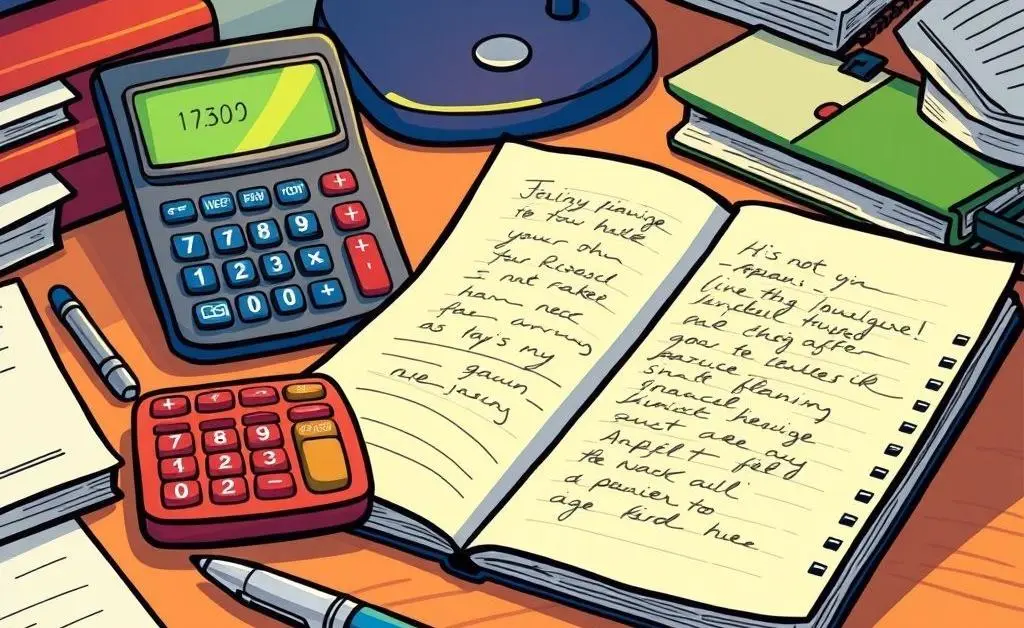 A desk full of financial planning tools like a calculator and notebook
