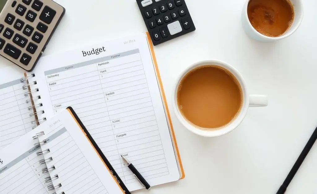 A top-down view of a desk with a budget planner, calculator, and a cup of coffee, evoking a sense of calm planning.