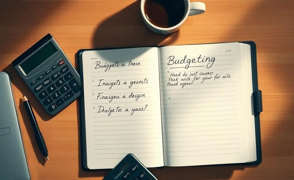 Desk with a budgeting planner, calculator, and coffee.