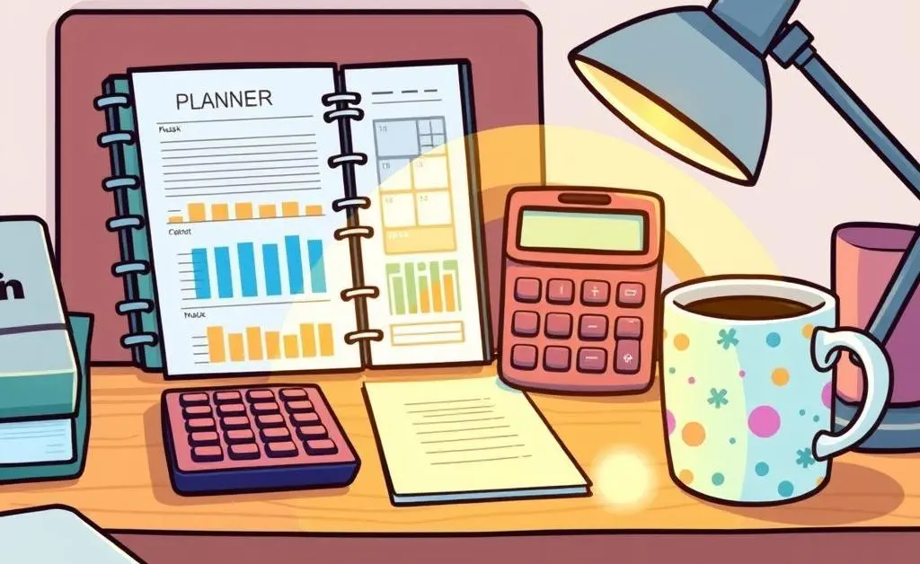 Illustration of a desk with a budget planner