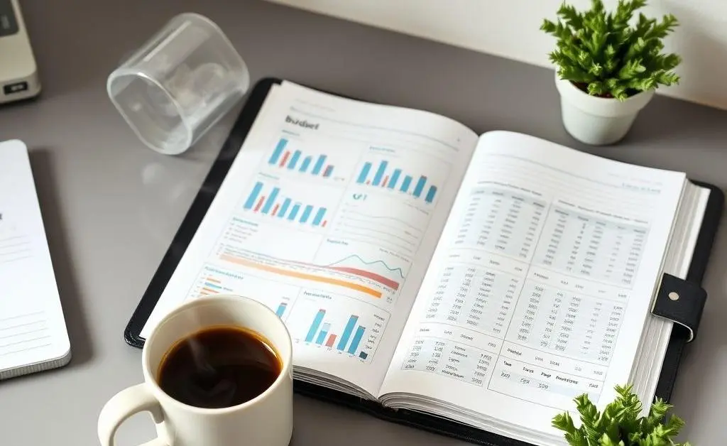 A desk with a budget planner and a coffee cup.