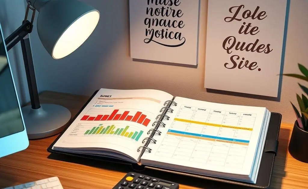 A desk with a budget planner, calculator, and motivational quotes