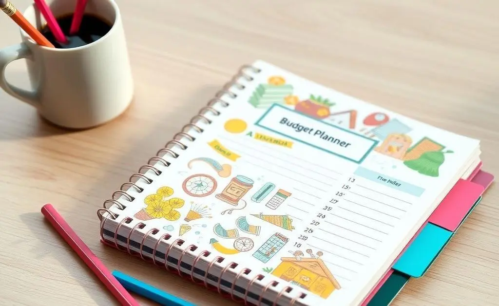 A clean desk with a colorful budget planner, pencils, and coffee cup, symbolizing organized financial planning.
