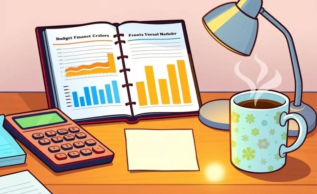 Desk with a budget planner, calculator and coffee cup