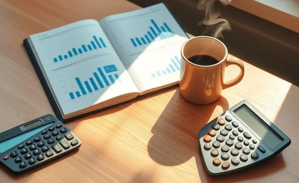 A neat desk with a budget planner, calculator, and coffee mug.