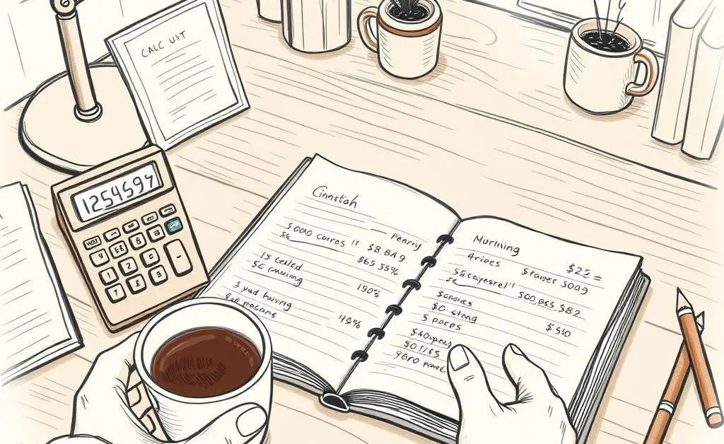 A desk with a notebook, calculator, and a cup of coffee in a hand-drawn style, depicting home buying finances.