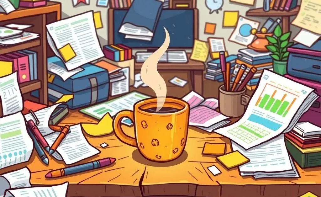 Cartoon-style image of a cluttered desk with budget planning tools and a coffee cup