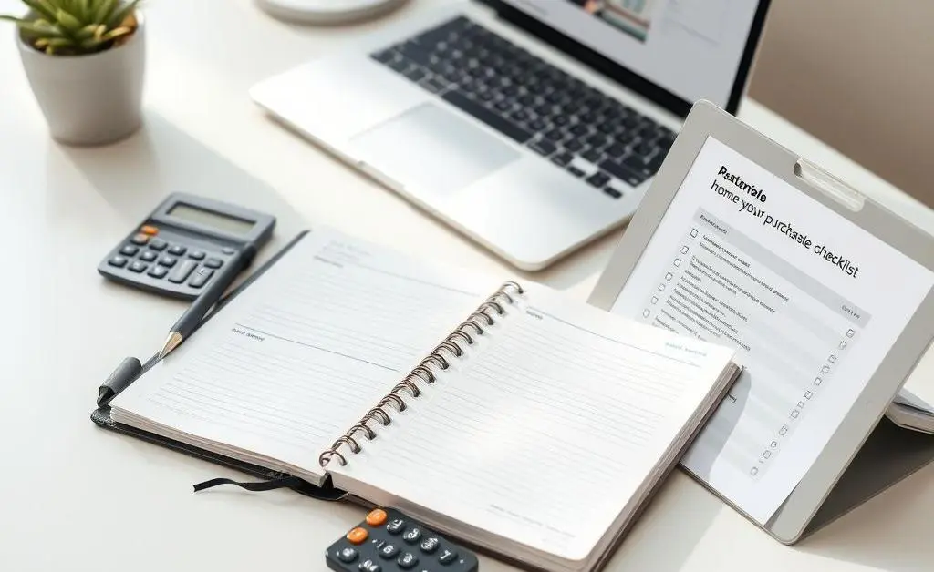 A tidy desk with a budget planner, calculator, and a laptop showing a home buying checklist.