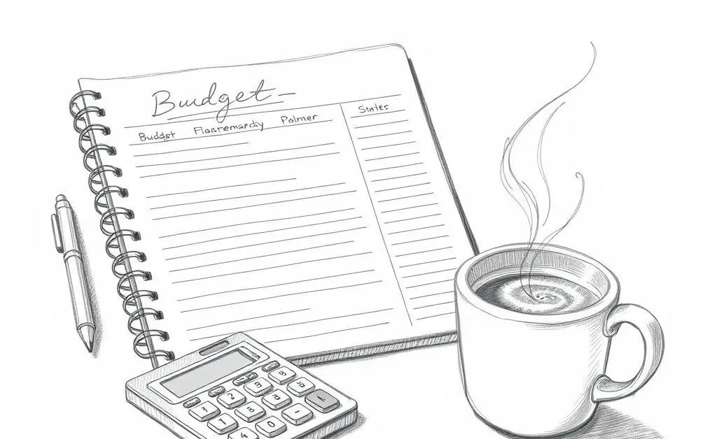 A desk with a budget planner, calculator, and coffee cup.