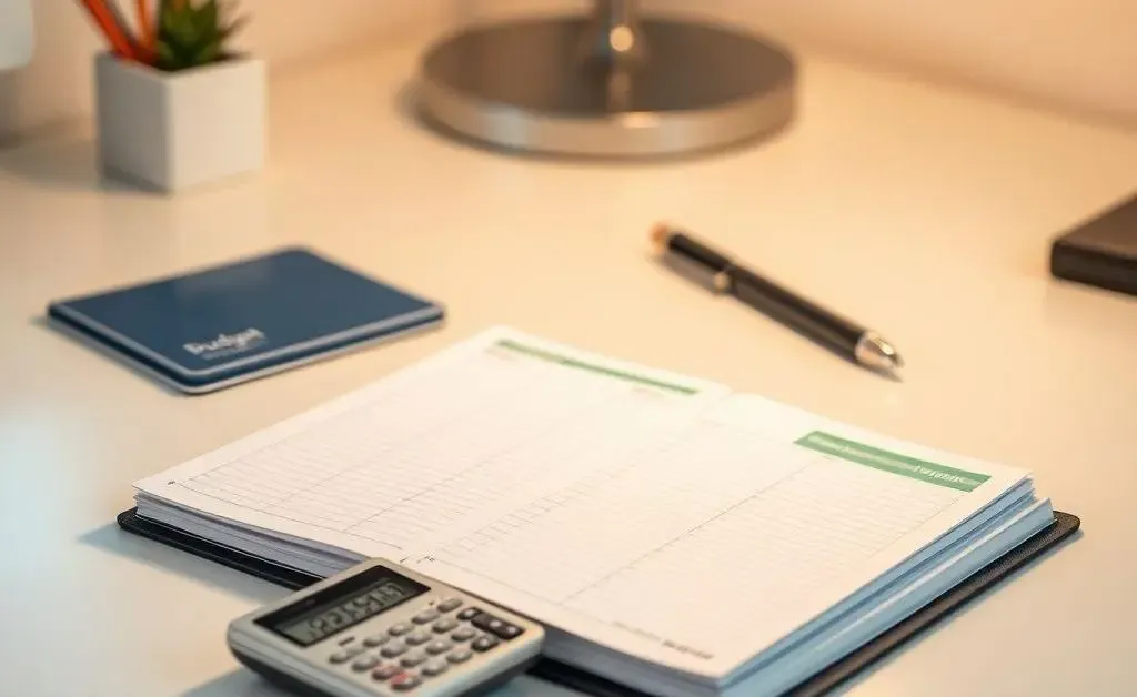 A neatly organized desk with a budget planner and calculator.