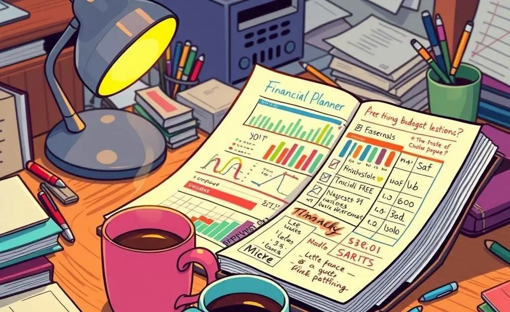 Cartoon image of a desk with a detailed budget planner and coffee cup